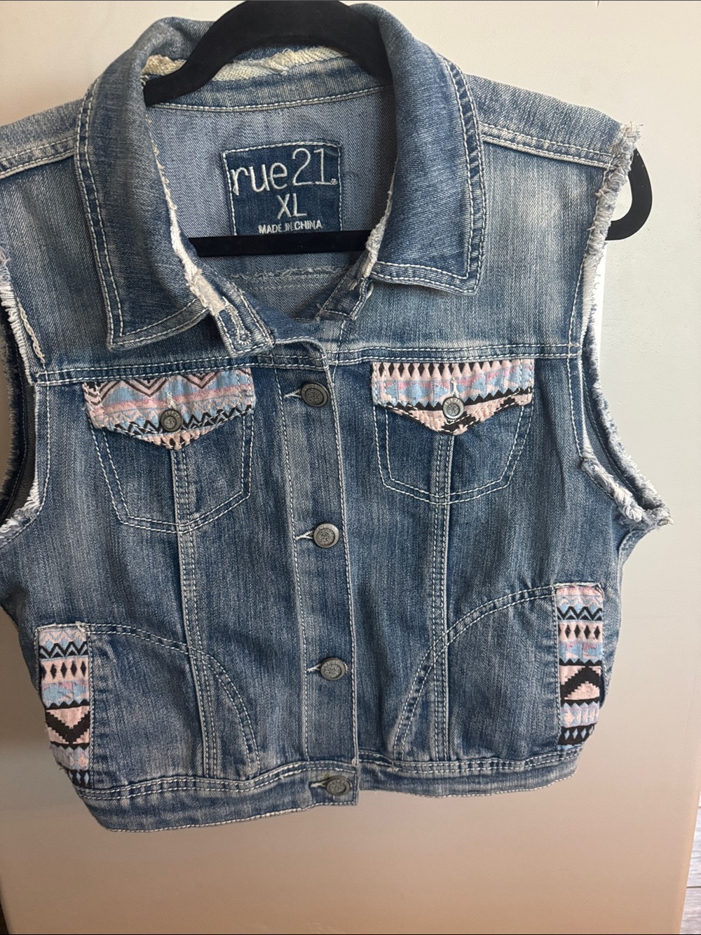 Rue21 Light Blue Denim Vest with Pink Tribal Accents
